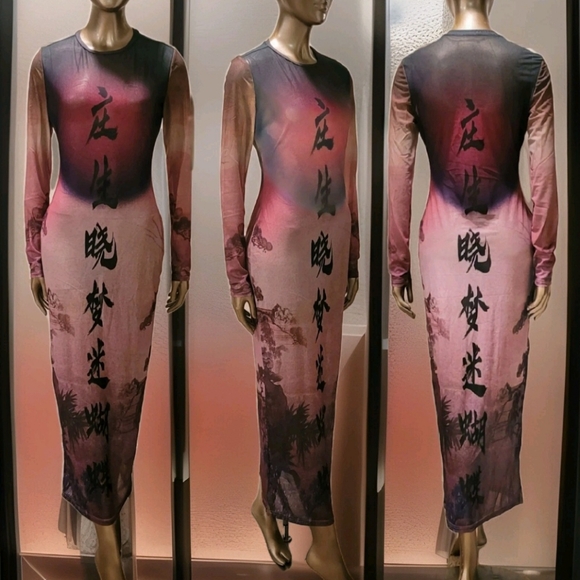 NWT Round Collar Oriental Text Print Mesh Bodycon Midi Dress Sz M - Picture 14 of 16